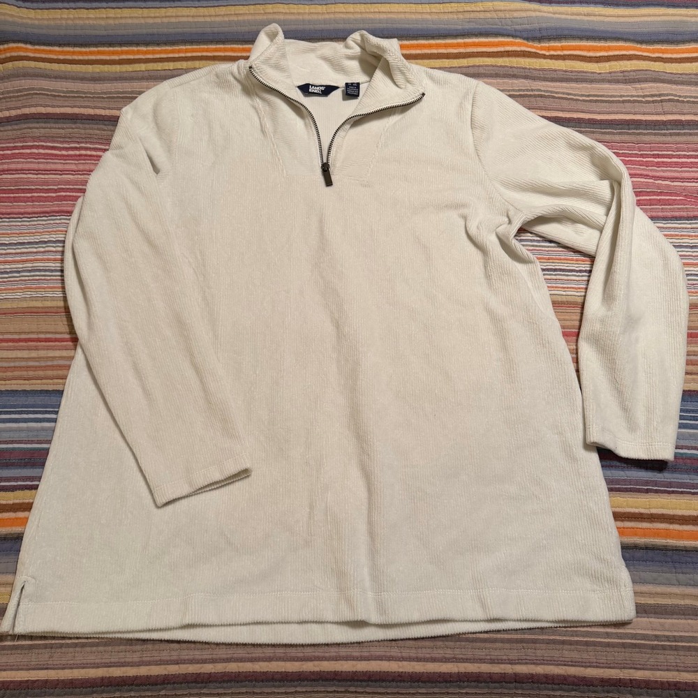 Lands End Womens XL Cream/White Ribbed Chenille Quarter Zip Pullover Sweater Top